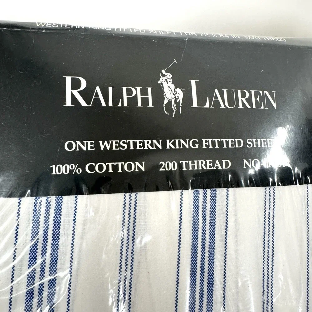 Rare Vintage Ralph Lauren Village Stripe White Blue Fitted Sheet - Cal King